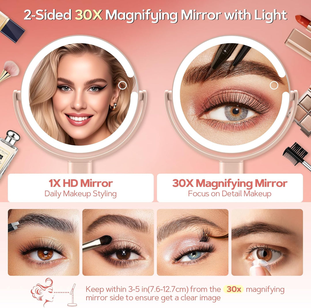 B Beauty Planet Beleuchteter Makeup Spiegel 30X Vergrösserungsspiegel mit 3 Farblicht, dimmbare LED