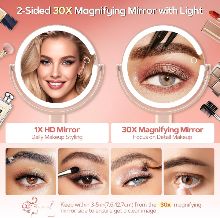 B Beauty Planet Beleuchteter Makeup Spiegel 30X Vergrösserungsspiegel mit 3 Farblicht, dimmbare LED