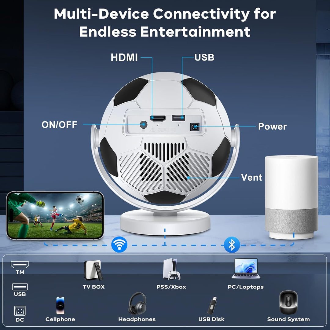 [Fussball-Beamer] Mini Beamer,Smart Projektor mit WiFi 6 und Bluetooth 5.4,Android 14,180°Dreh,Auto
