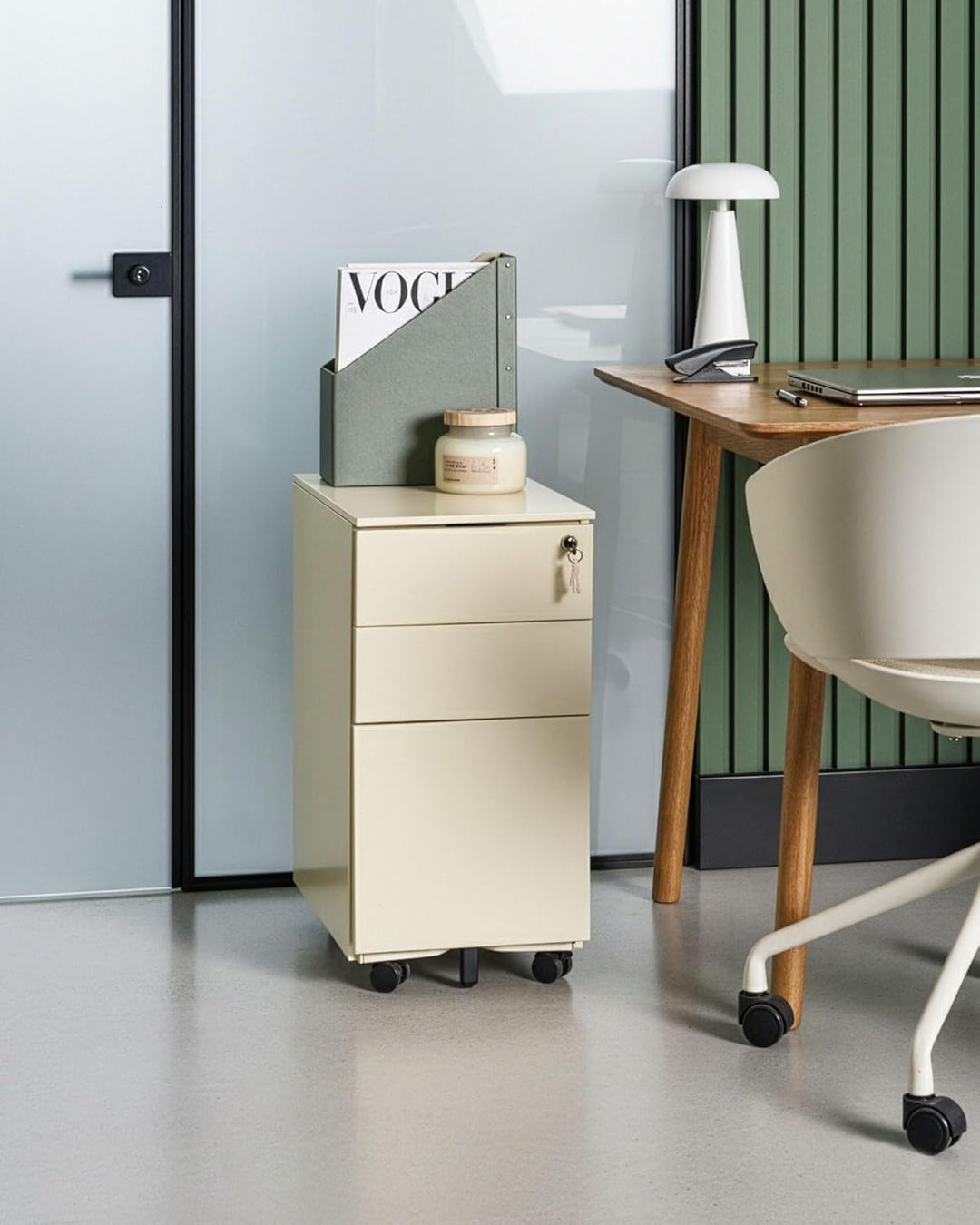 Aktenschrank Metall 3 Schubladen Hellbeige rollbar abschliessbar Büroschrank Bolsena