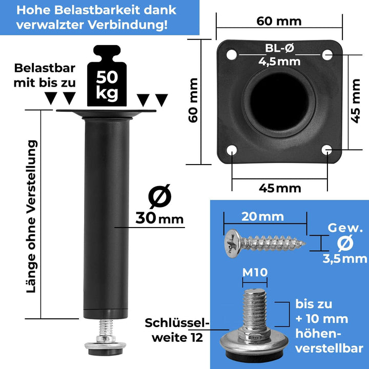 Stahlia Möbelfüsse verstellbar (4er Set) Weiss 20cm Höhe belastbar bis 50kg Sofafüsse Schrankfüsse M
