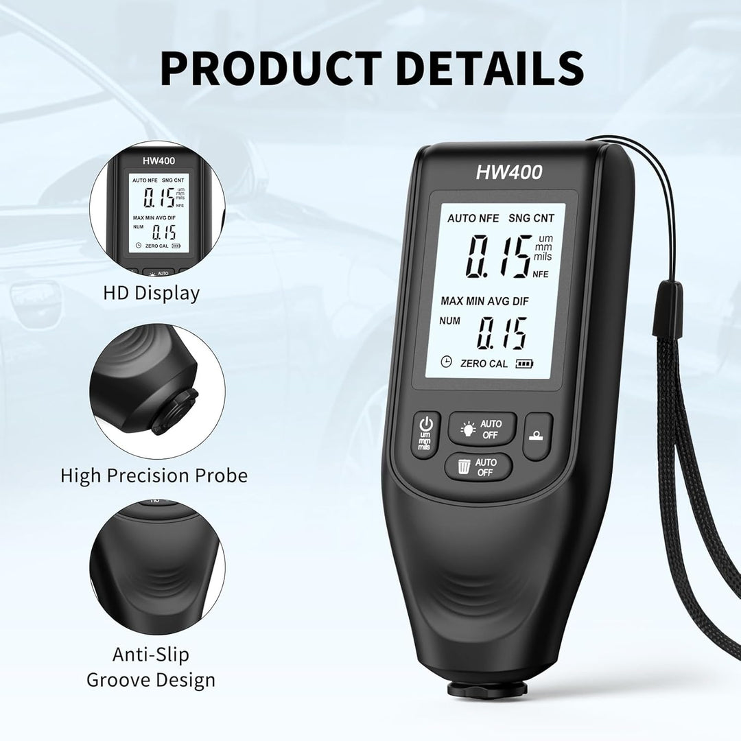 Bewinner Digitales Schichtdickenmessgerät - Neu aufgerüstete HW400, Ultrahochpräzise Sonde, Lackmil