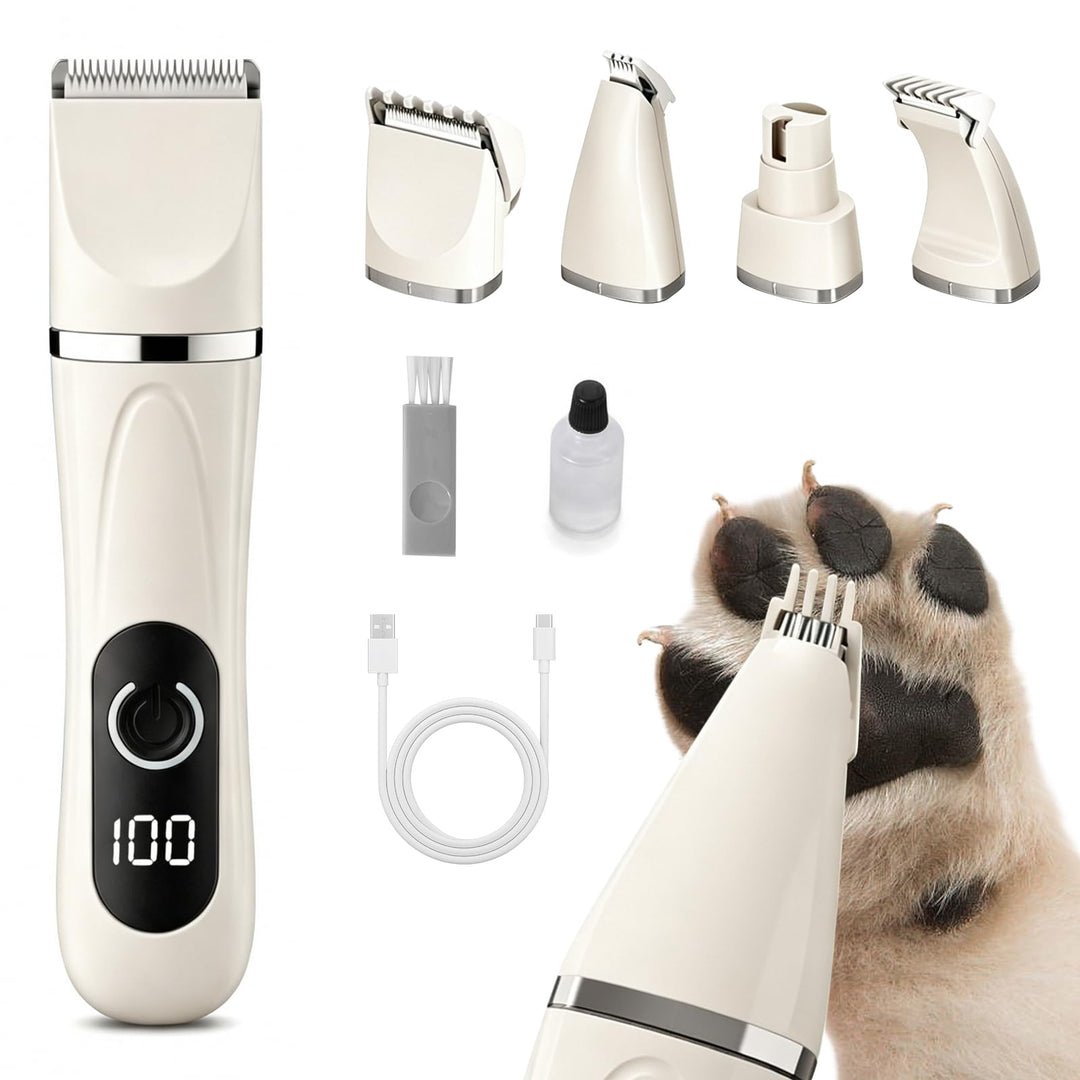 Colexy 4 in 1 Hundeschermaschine Set, Leise Pfotentrimmer für Hunde mit 4 Schneidköpfen, Kabellos Sc