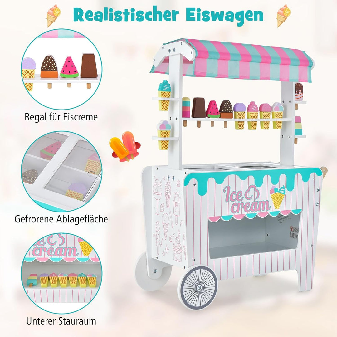 COSTWAY Kinder Eiswagen mit 12 Eiscreme, Kaufladen aus Holz mit 2 Rädern, Schiebegriff & Baldachin,