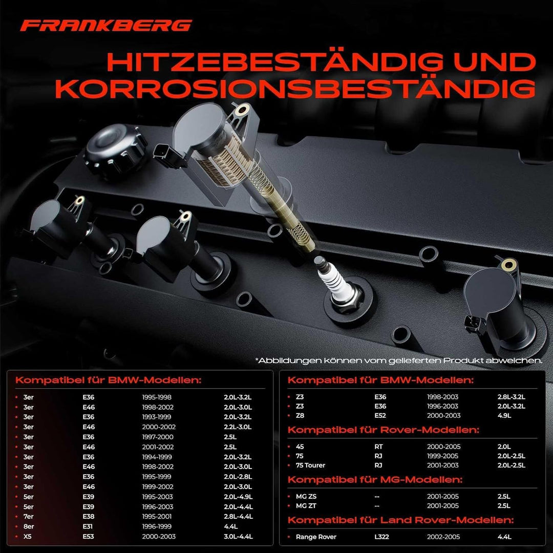 Frankberg 8x Zündspule + Zündkerzen Kompatibel mit 3er E36 E46 1993-2002 5er E39 1995-2004 7er E38 1