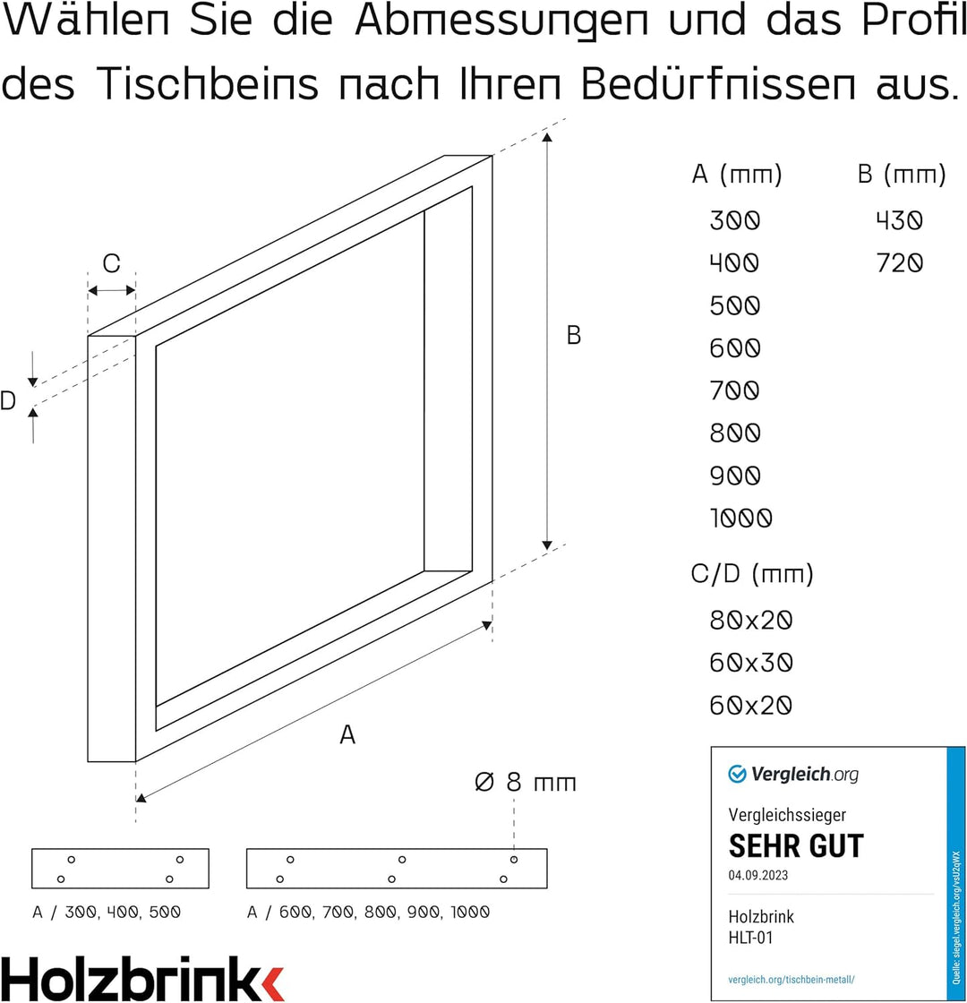 HOLZBRINK Tischbeine für Schreibtisch Esstisch, Möbelfüsse aus Vierkantprofil 80x20 mm, Tischgestell