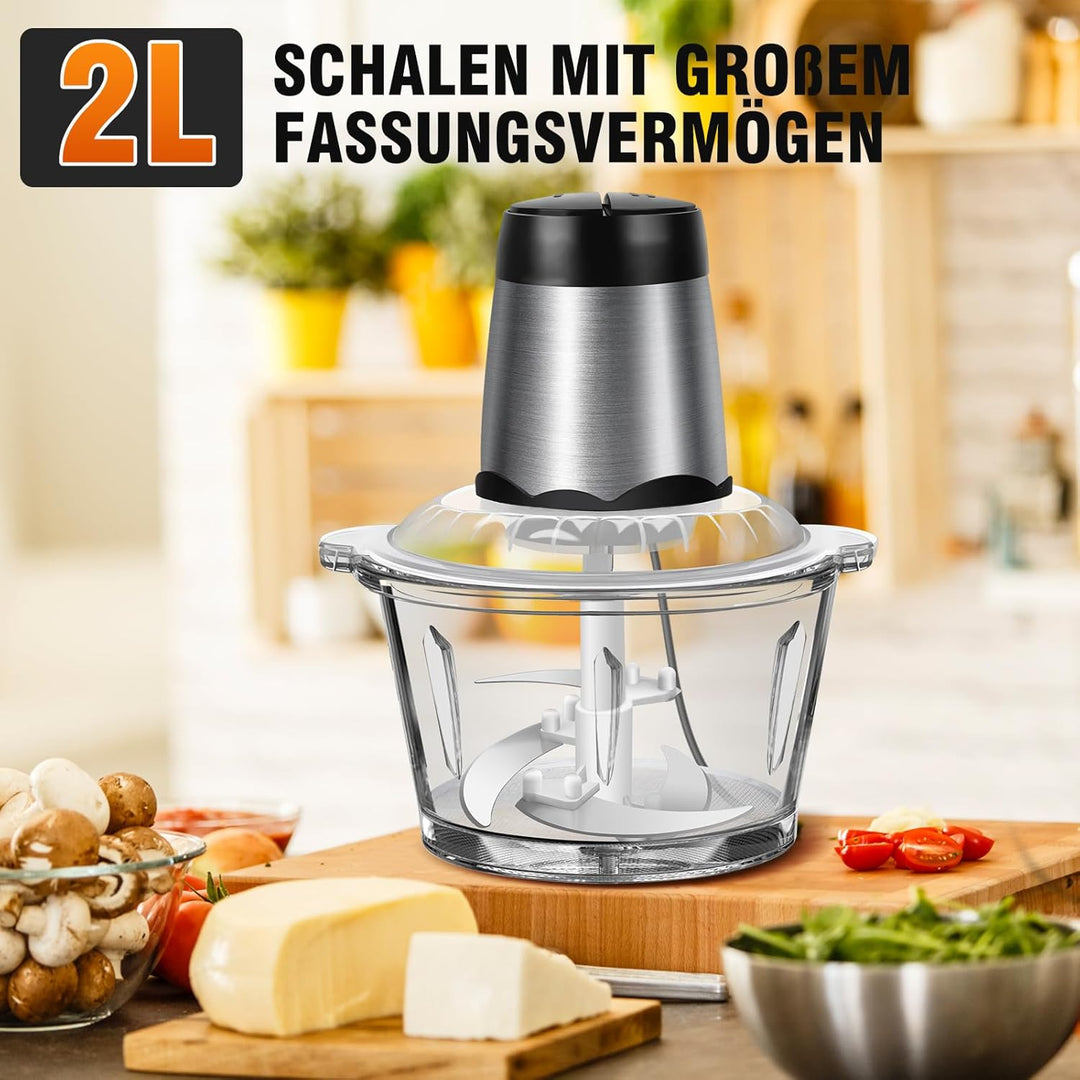 Zerkleinerer 300 Watt mit 2 L Glasbehälter, Elektrischer Multizerkleinerer, Leistungsstarker Univers