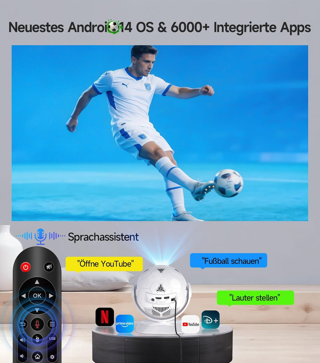 Magcubic Mini Beamer Projektor 4K Support, 360° Fussball-Motiv Beamer Klein Heimkino Outdoor WiFi 6
