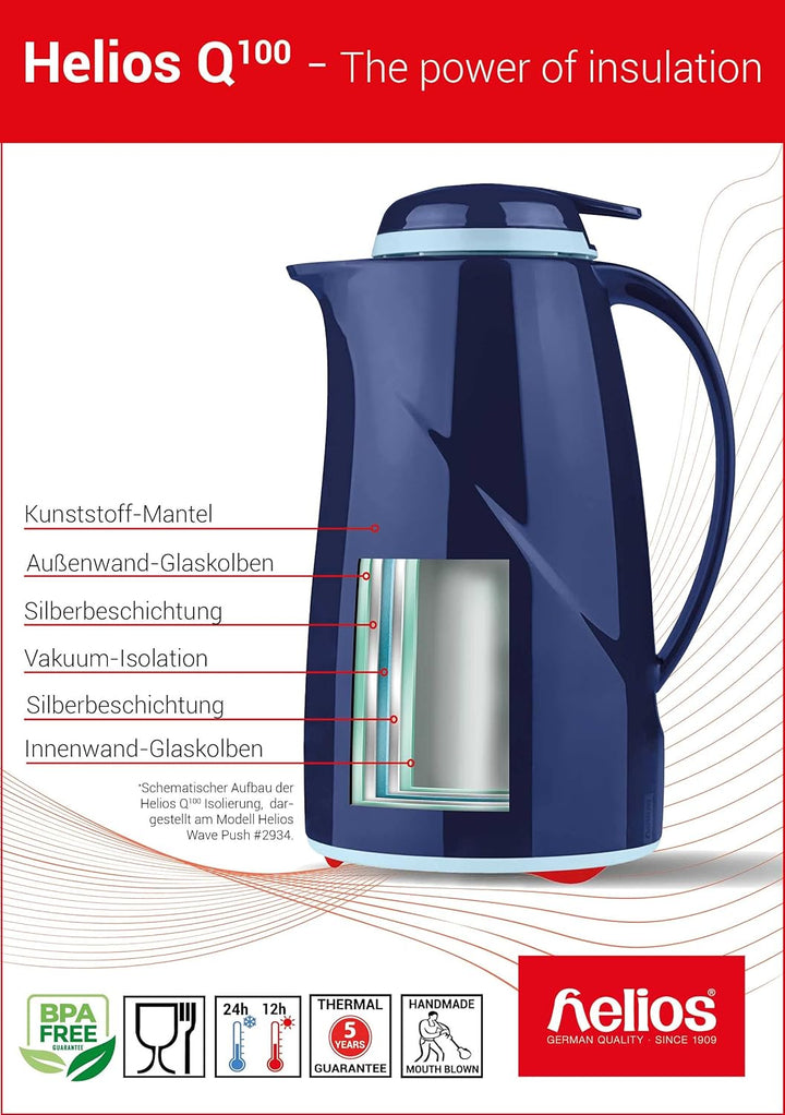 Helios Top Push Thermoskanne Weiss 1L – 6h Heiss - Hält Getränke heiss &amp; kalt – Einhandbedienung – E