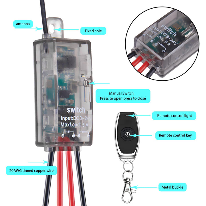 12v funkschalter,3 Wege kabelloser Lichtschalter DC 5V/12V/24V/5A Mini Relais 1 Kanal Wireless Licht