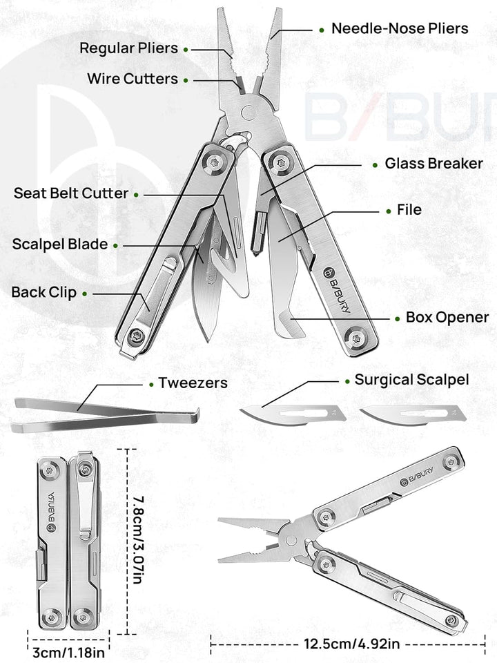 BIBURY Mini Multitool Zange Mit Unsichtbare Pinzette, 10 in 1 EDC Multi Tool Mit Glasbrecher Rückenc