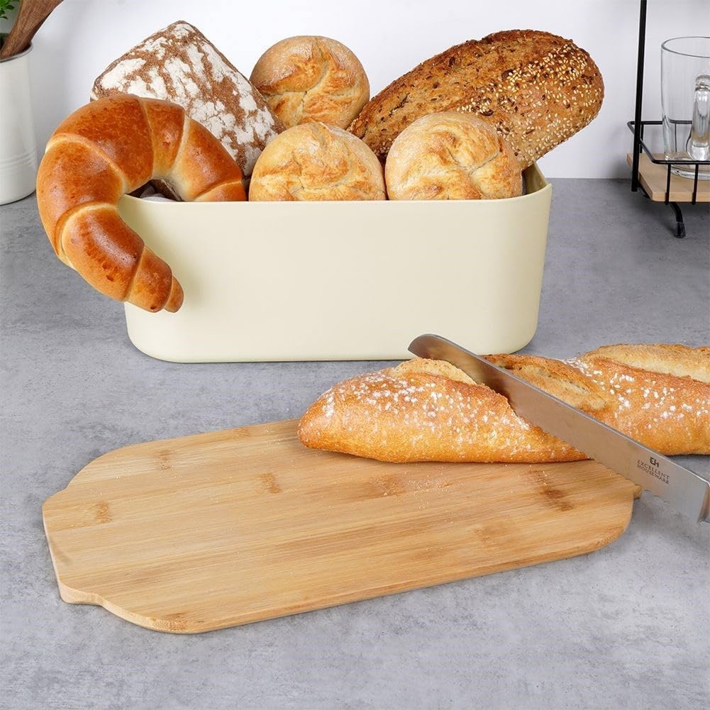 Vilde Brotkasten mit Bambusdeckel - Hochwertige Brotbox Cremefarben 33x18,5x12cm - Brotaufbewahrung