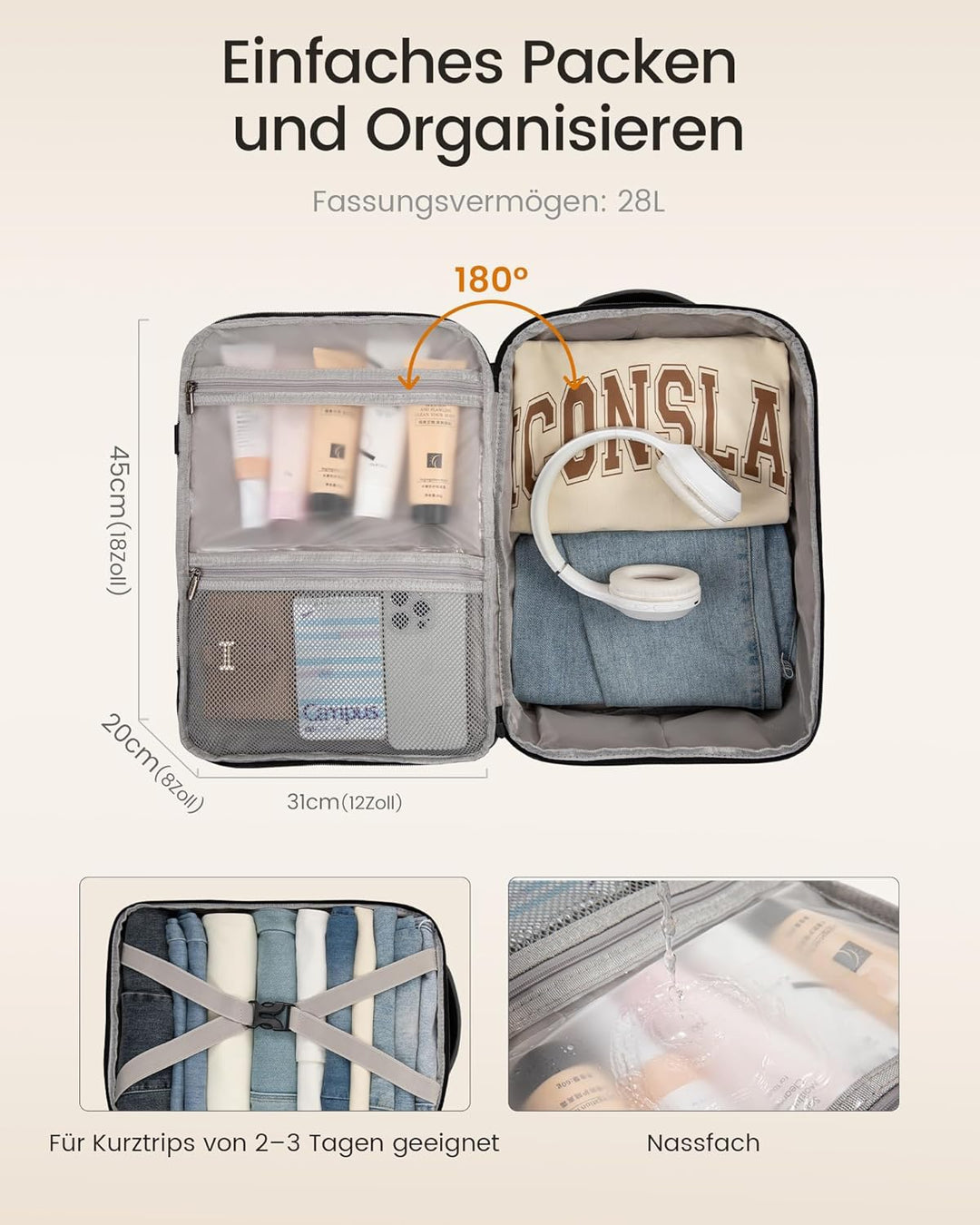 LOVEVOOK Ryanair Handgepäck 40x30x20, Rucksack Handgepäck Flugzeug Herren für 14 Zoll Laptop, 24L Kl