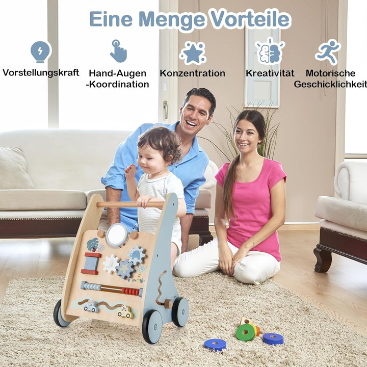 GOPLUS 2 in 1 Lauflernwagen, Lauflernhilfe Holz mit interaktiven Elementen, Hintere Ablage, Montesso