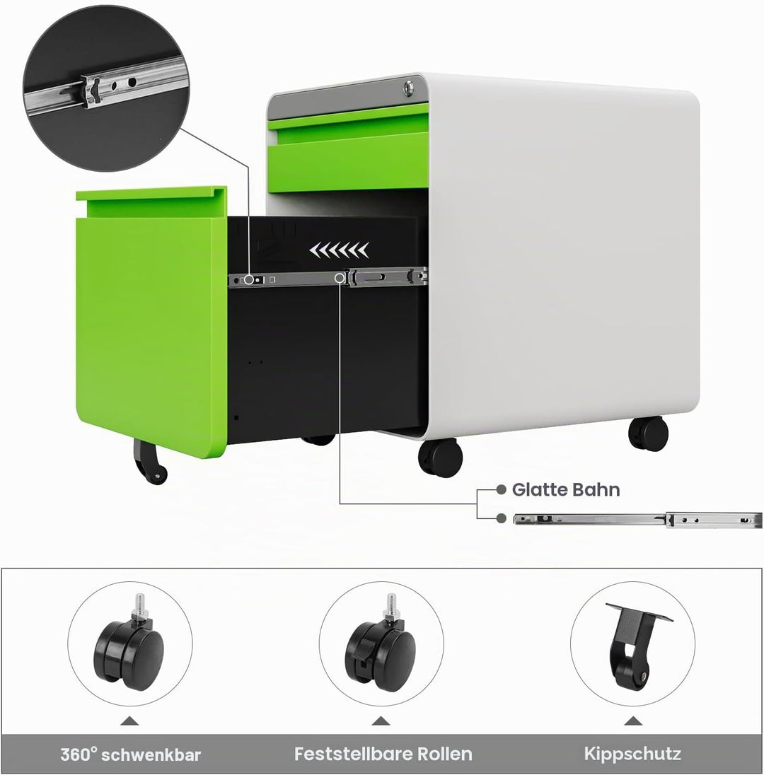 Dripex Metall Rollcontainer Stahl Rollcontainer mit 2 Schubladen und Hängeregistratur Abschliessbare