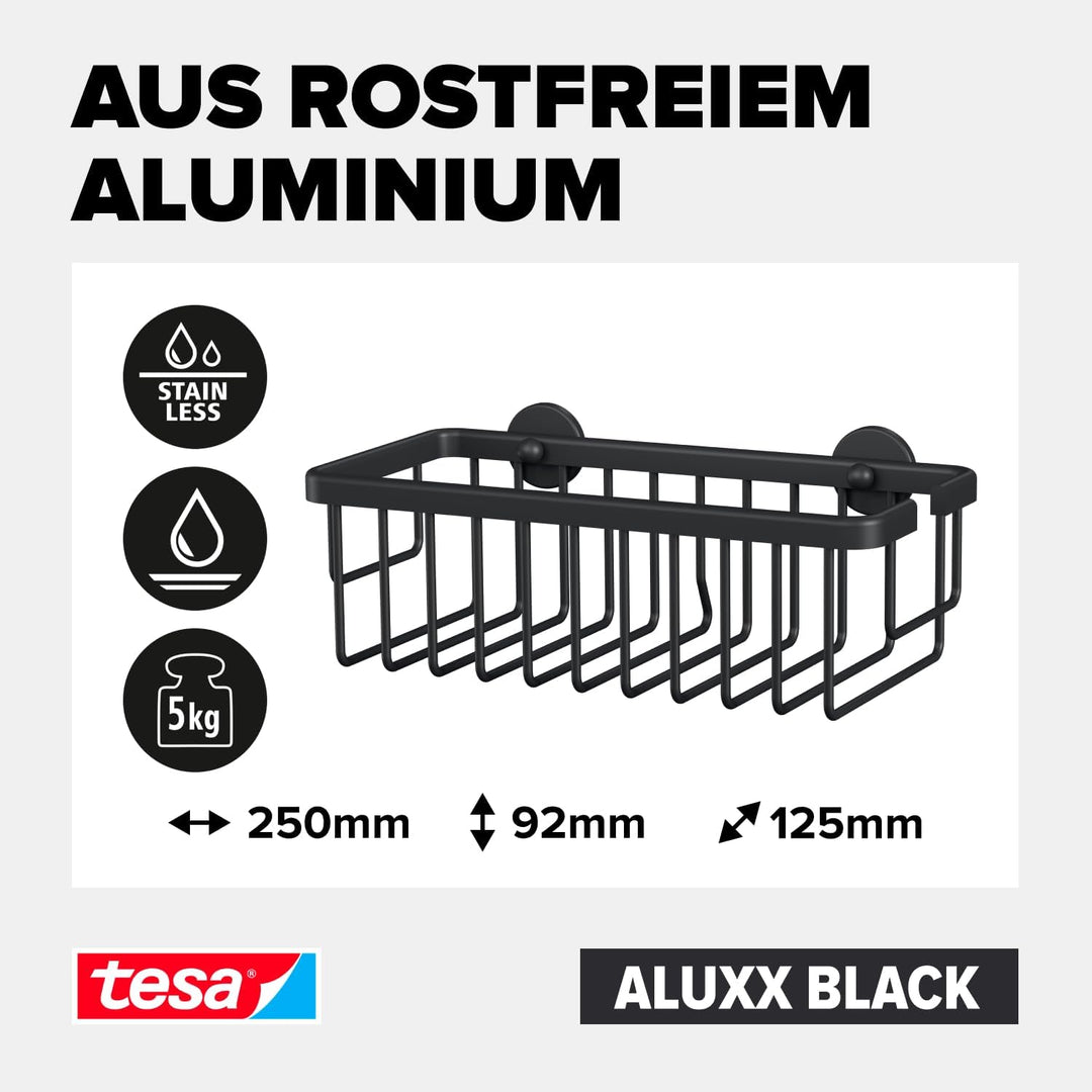tesa ALUXX BLACK Duschablage zur Wandmontage ohne Bohren, schwarz matt - einstöckig und extra tief -