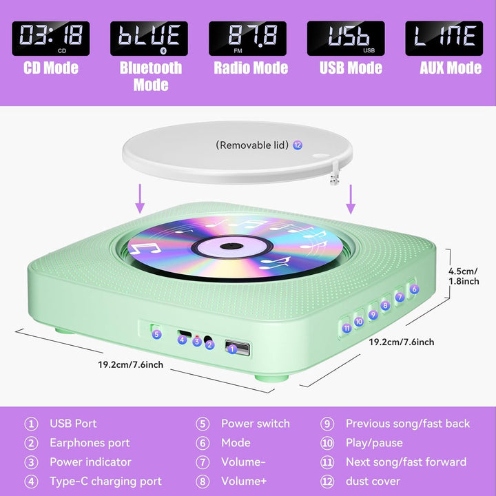 Gueray Desktop CD Player Bluetooth CD-Spieler mit Lautsprechern für Zuhause 1800mAh Tragbarer CD-Pla