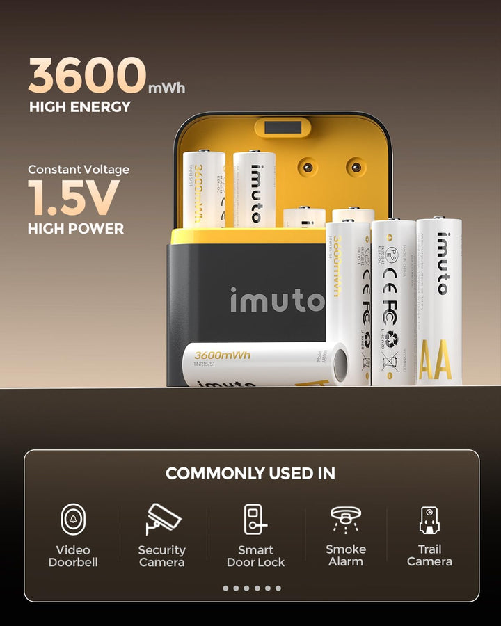 imuto 1.5V Batterie AA ricaricabili 3600mWh, Pile Ricaricabili AA Litio 1600 Cicli Con Display a LED