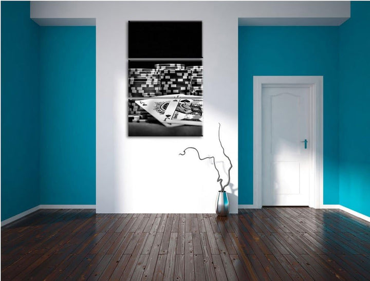 Pixxprint Monocrome, Pokertisch mit Karten in Las Vegas 3-Teiler Leinwandbild 120x80 Bild auf Leinwa