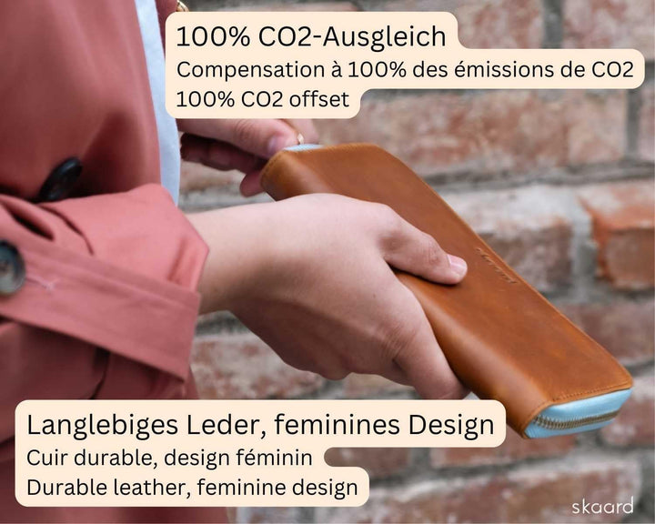 skaard Grosse Damen Geldbörse aus echtem Leder, Braun/Hellblau mit RFID-Schutz, Braun