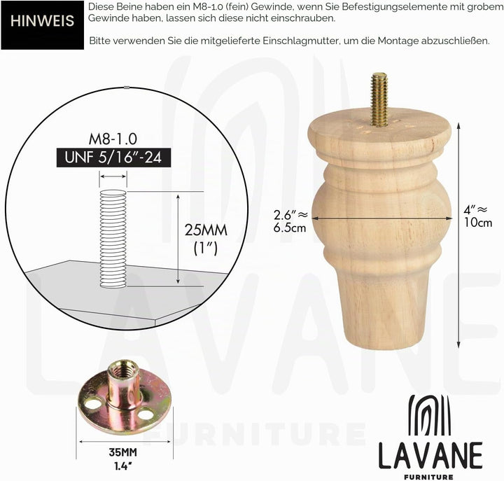 LA VANE 4 Stück Möbelfüsse aus Massivholz - 10cm Höhe, Unlackiert, Spindelform mit M8 Bolzen &amp; Monta