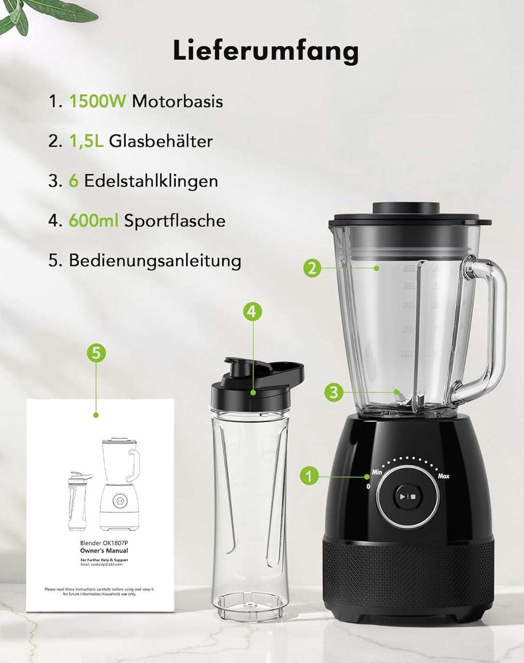 Mixer, Smoothie Maker, Standmixer, 1500 Watt Hochgeschwindigkeits Mixer Smoothie Maker mit 1,5L Glas