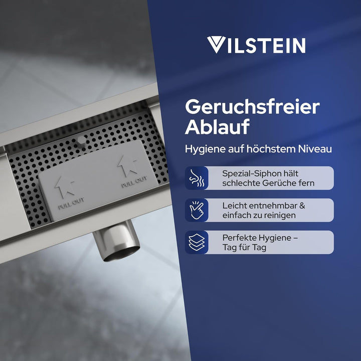 VILSTEIN Duschrinne 30cm | Befliesbar | Edelstahl Bodenablauf Komplettset | Extra flach | Siphon mit