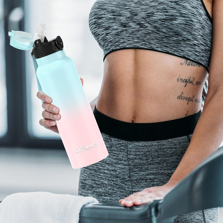 GOPPUS Edelstahl Trinkflasche-750ml mit Strohhalm & 3 Deckel,BPA frei, Kohlensäure Geeignet, Thermos