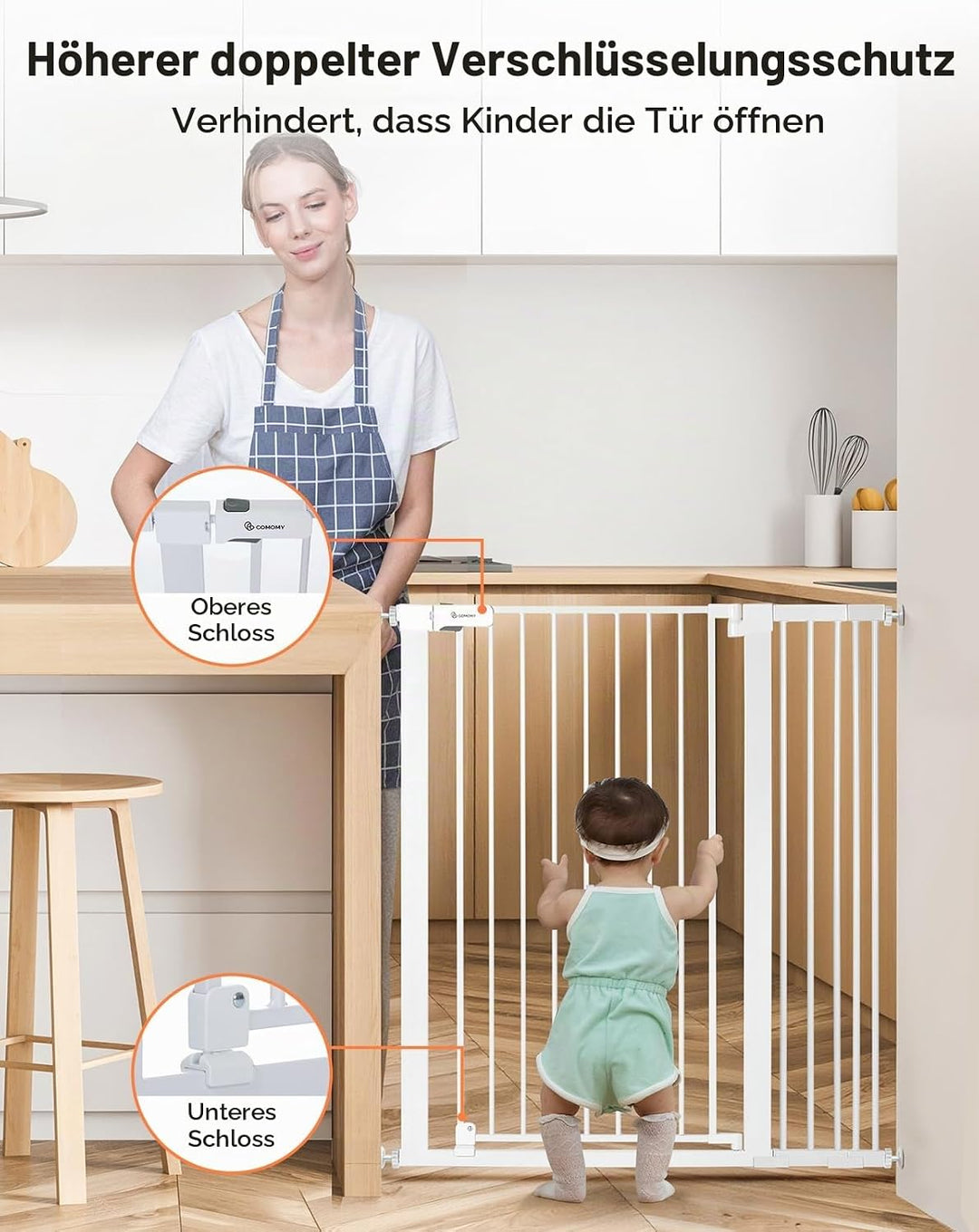 COMOMY 107 cm Extra Hoch Türschutzgitter, 75-103 cm Breit Treppenschutzgitter ohne Bohren, Türgitter