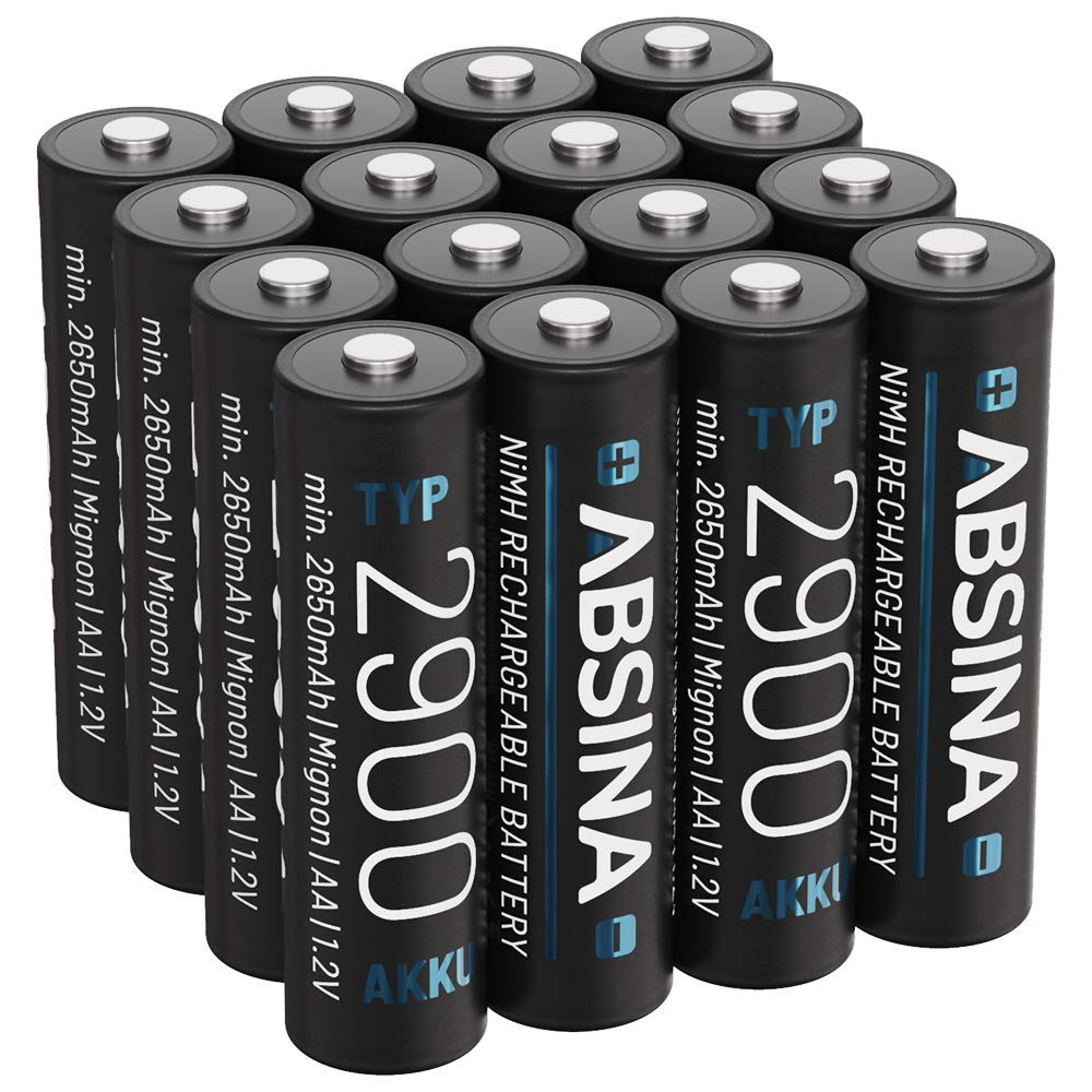 ABSINA Akku AA wiederaufladbar 2900 16er Pack - NiMH AA Akku mit 1,2V &amp; min. 2650mAh - Aufladbare Ba