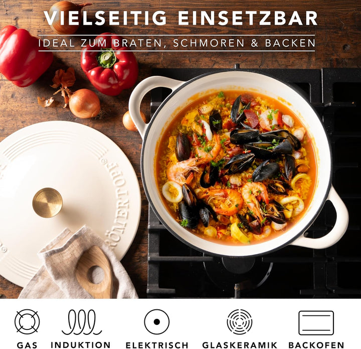 Römertopf Gusseisen Schmorpfanne mit Deckel 28 cm – Sautépfanne Emaille-Beschichtung, alle Herdarten
