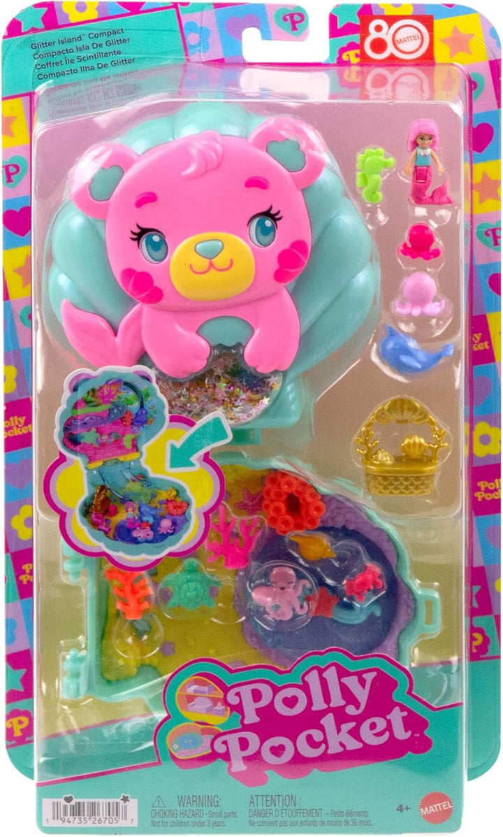 Polly Pocket Puppen und Spielset, Glitzerinsel-Schatulle, Reisespielzeug mit 1 Mini-Meerjungfrauenpu