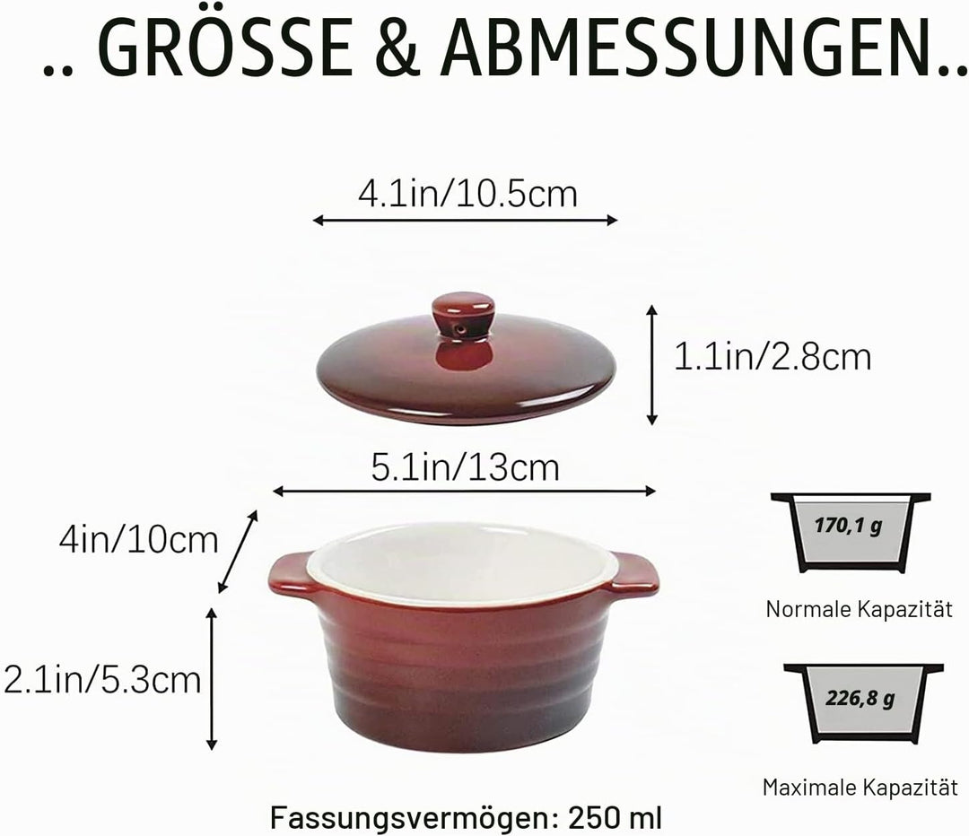 Auflaufform Klein 250ml X 4er, Soufflé Förmchen Mit Deckel - Rot, Creme Brulee Schälchen aus Porzell