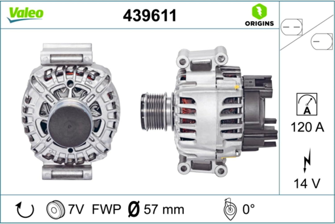 VALEO 439611 Generator Ladestrom des Generators: 120 Amp Rippen: 7 rippen Riemenscheibe Ø: 57 mm Spa