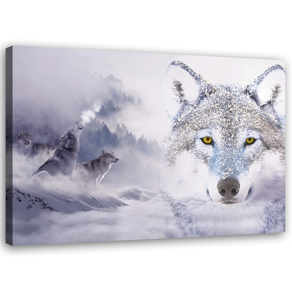 Feeby Bild auf Leinwand Wölfe Kunstdruck modern Schnee Weiss 80x60 cm Leinwandbild 80x60 cm Weiss_a,