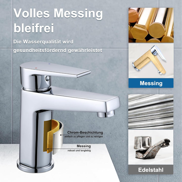 Florenta Wasserhahn Bad Messing Einhebel-Waschtischarmatur mit 50cm Anschluss, Chrom Einhandmischer