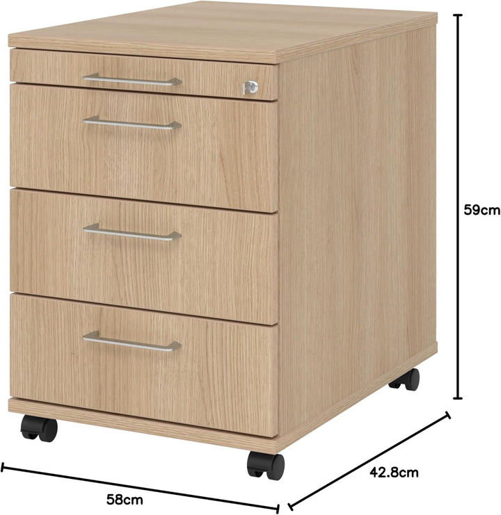bümö Rollcontainer mit Schubladen, Container abschliessbar aus Holz in Eiche - Rollwagen für's Büro