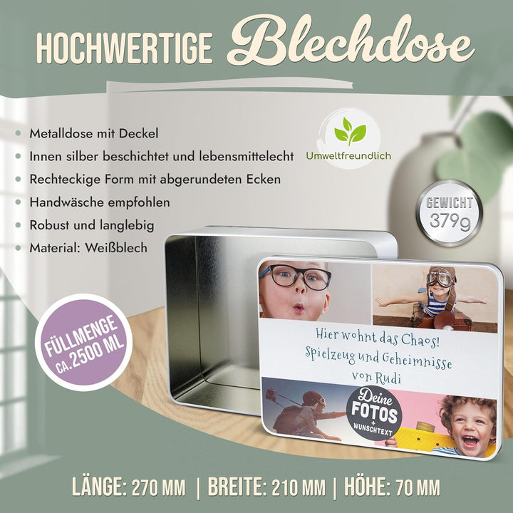 Print Royal PR Geschenkdose selbst gestalten mit 4 Fotos &amp; 3 Zeilen Text - Blechdose bedrucken, Pers