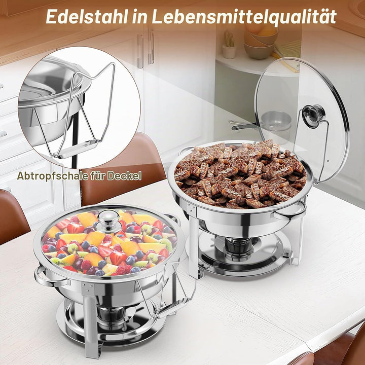 NArra 2er-Pack rundes 6L-Chafing-Dish-Buffet-Set, Speisenwärmer mit Glasabdeckung, Buffetwärmer, Buf