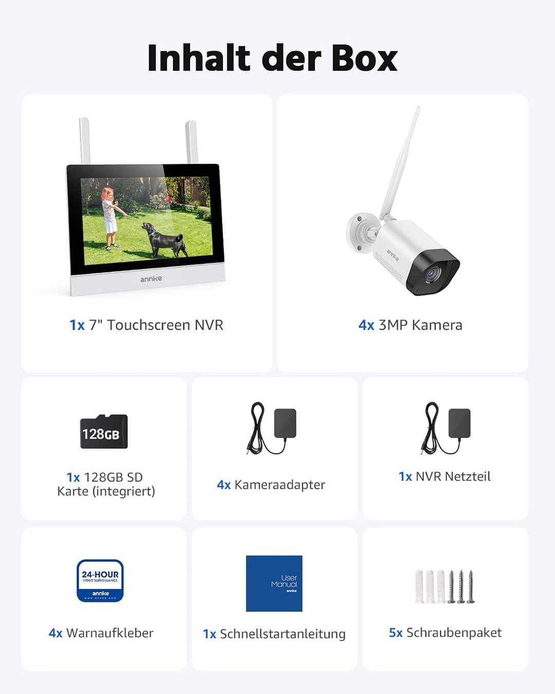 ANNKE 3MP Funk Überwachungskamera Set mit 10.1 Zoll Monitor, 4CH 5MP NVR und 4 IP Kameras Aussen mit