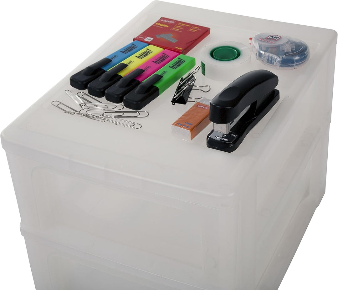 Iris Ohyama, Schreibtisch-Organizer mit 2 flache und 1 tiefe Schublade, Mattweiss, Easy-Pull-System,
