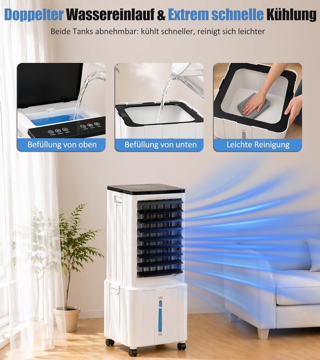 Klimaanlage Mobil, 14L 60W Klimaanlage ohne Abluftschlauch mit 12H Timer, 3 Modus, 40dB, 120°Oszilla