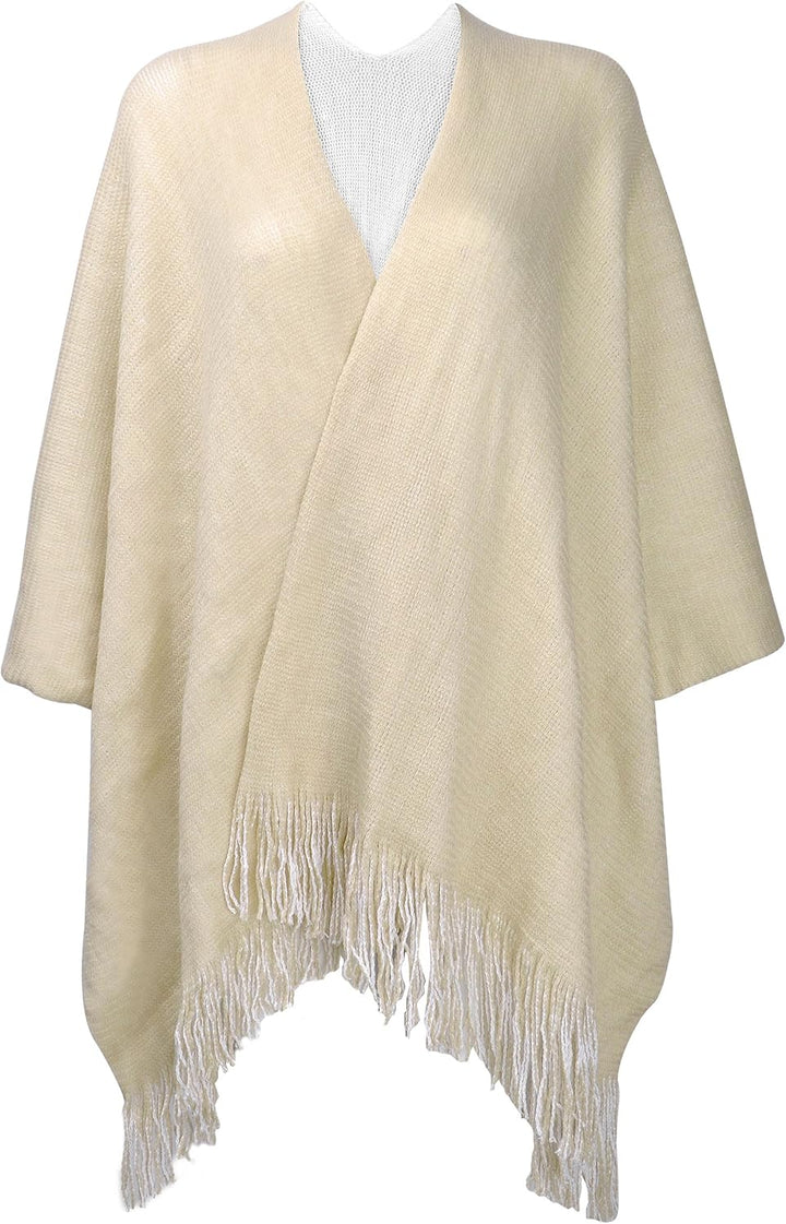 ZLYC Damen Herbst Winter Kaschmir Poncho Capes Retro Strick Cardigans mit Fransen Einheitsgrösse Wei