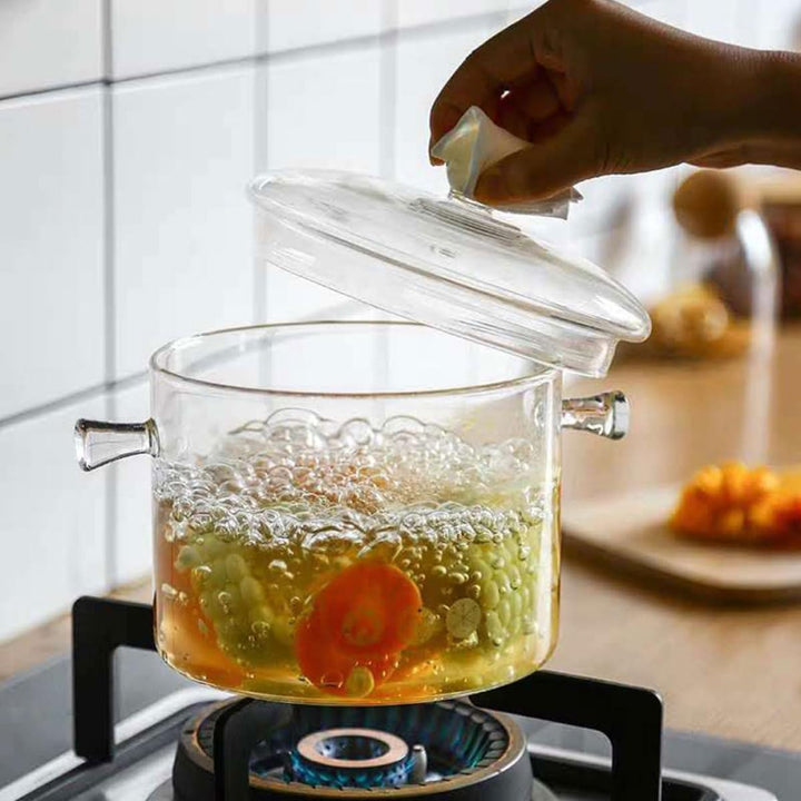 Glastopf mit Ergonomischem Griff 1500ml aus Hitzebeständigem Glas mit Deckel und Langsamer Wärmeable