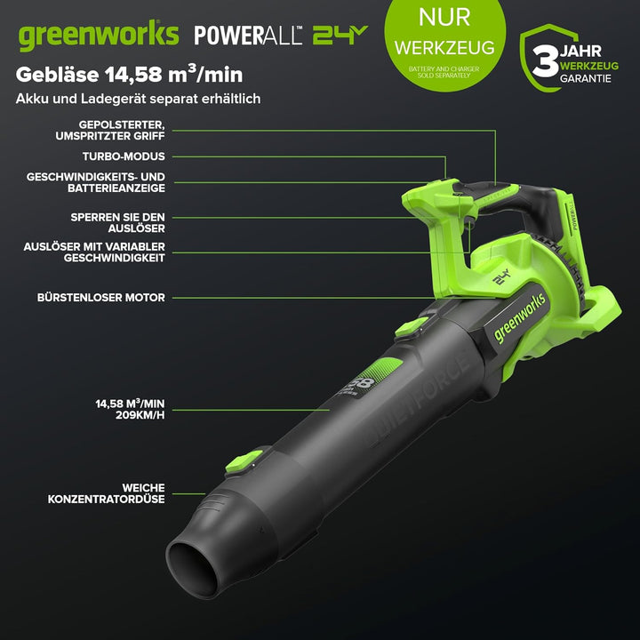 Greenworks 24V Akku-Laubbläser mit Bürstenlosem Motor, 14,58 m³/min Luftstrom, 209 km/h Luftgeschwin