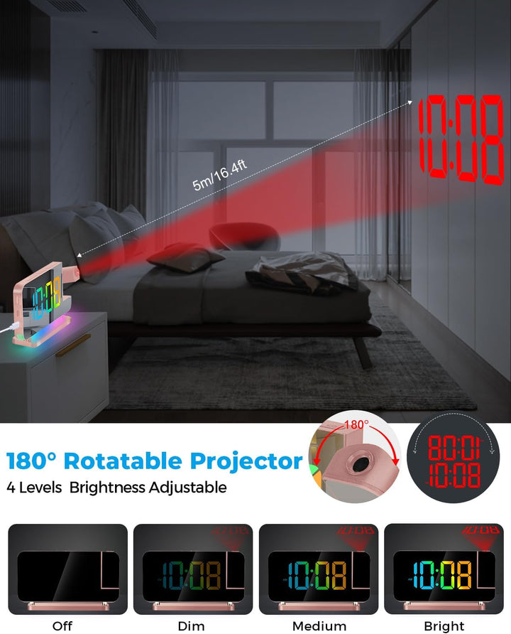 SZELAM Projektionswecker - 7.4" LED Spiegel Digitaluhren Projektion an Deckenwand mit RGB Nachtlicht