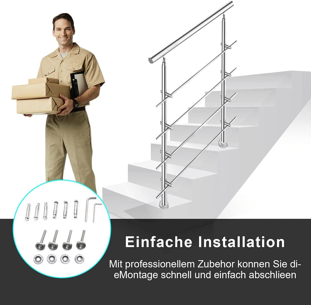 Lospitch Edelstahl-Handlauf Geländer für Balkon Brüstung Treppen mit/ohne Querstreben (150cm, 2 Quer