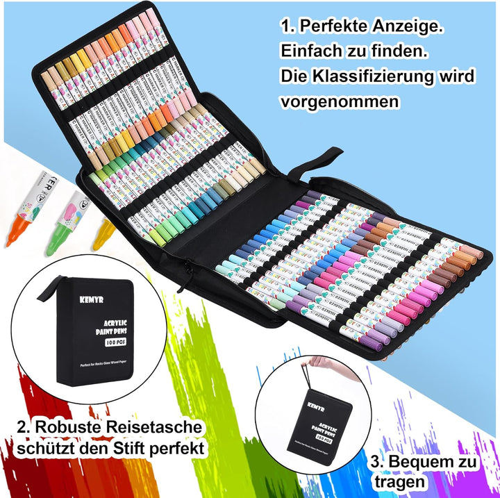 KEMYR 100 Farben Acrylstifte Set mit Doppelspitze, Acrylmarker Wasserfeste für Steine, Holz, Glas &amp;