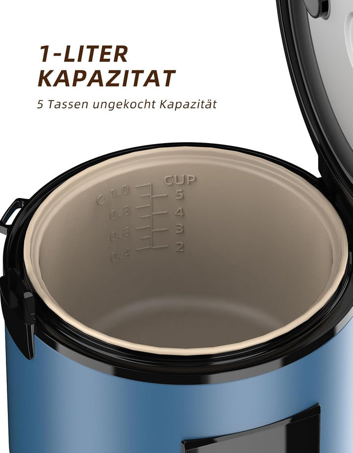 Eamoment DRC-5020BL 1L|400W Reiskocher & Dampfgarer(1ltr-5 Tassen) Für 1-5 Personen Schnelles Kochen