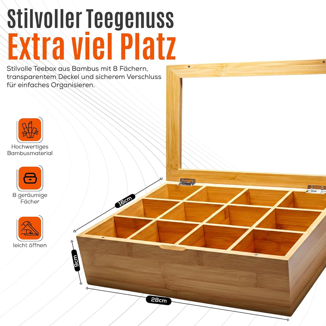 AH® Teebox aus Bambus mit 12 Fächern – Teekiste zur Teebeutel Aufbewahrung mit Sichtfenster &amp; Magnet